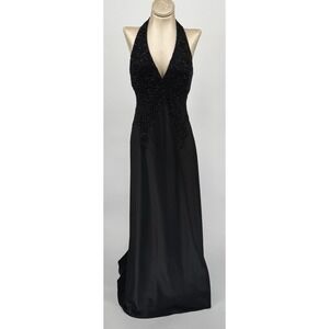 VTG Xscape Joanna Chen Black Beaded Halter Gown Y2K Prom Whimsigoth Maxi Dress 8